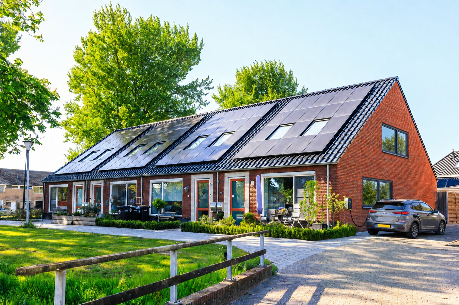Viviendas con instalación fotovoltaica en cubierta y vehículo eléctrico cargando